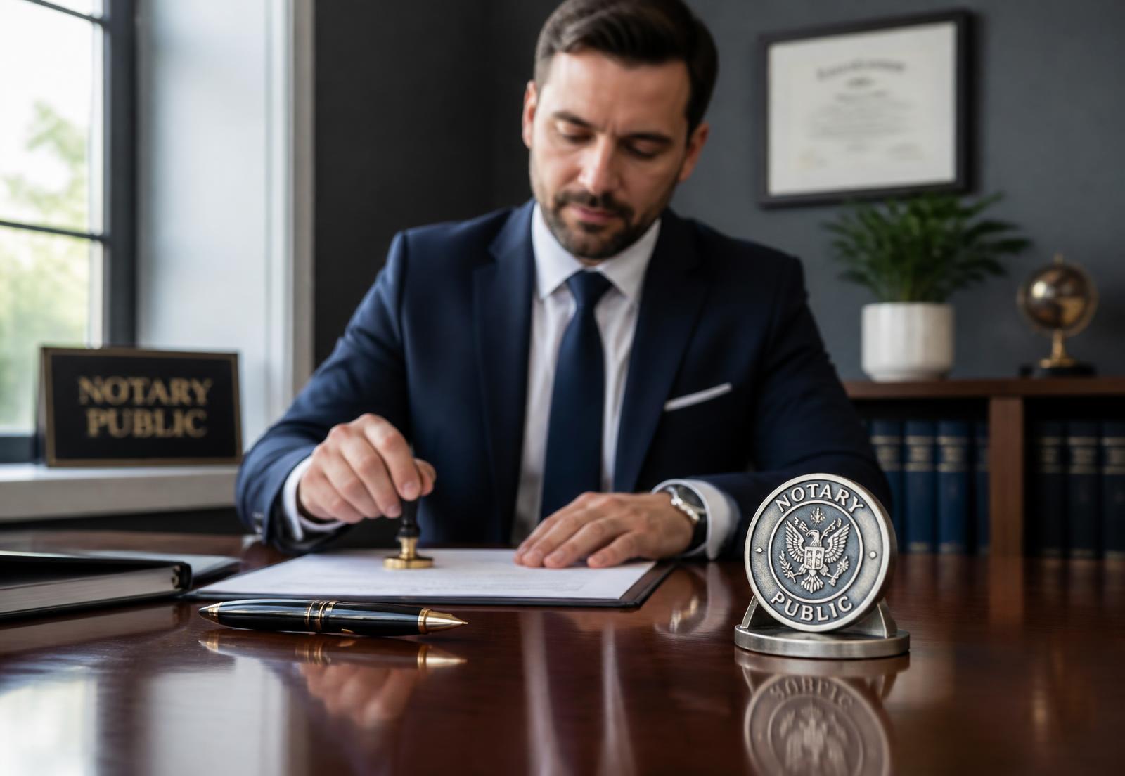 Notary public applying an embossed seal to a signed document at a desk