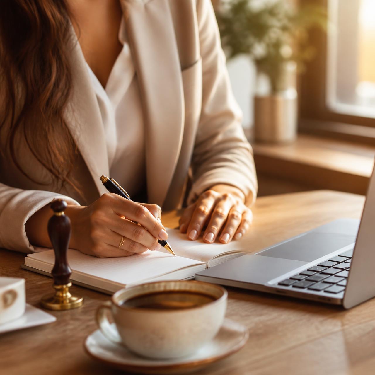 A notary writing notes at a sunlit wooden desk beside a laptop, coffee cup, and notary stamp